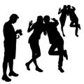 Vector silhouettes of a man with a camera stand sideways, a girl and a guy are posing, a girl waving a friendly hand, a boy stretc